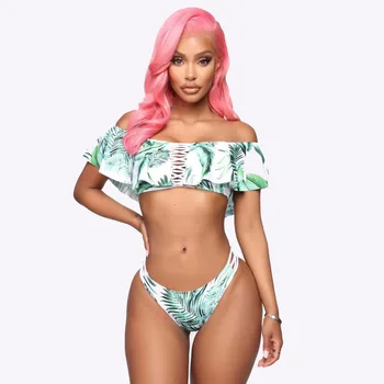 

Sexy Hollow Out Swimwear Women Off Shoulder Top Two Piece Swimsuit High Cut Out Bikini Set Swimming Costumes Bathing Suit Plavky