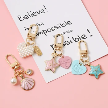 

2020 Cute Creative Shell Imitated Pearl Seastar Crystal Keychain For Women Key Chains Ring Car Bag Pendent AirPods Accessories
