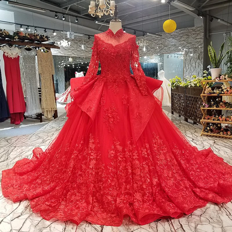 BGW 22122ht Muslim Ball Gown Brides Wedding Party Dress High Neck Long Sleeve Lace Up Back Puffy Organza With Brush Train | Свадьбы и