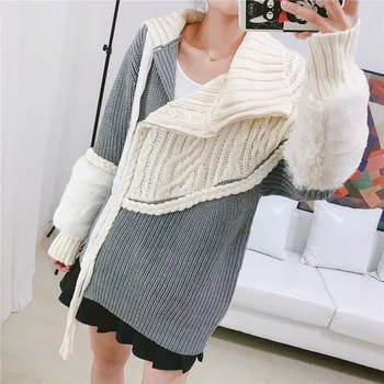 

Women Thick Sweater Coat 2019 Winter Warm Long Cardigan Asymmetric Fur Patchwork Sleeve Side Zipper Up Twist Knitted Coat P-278