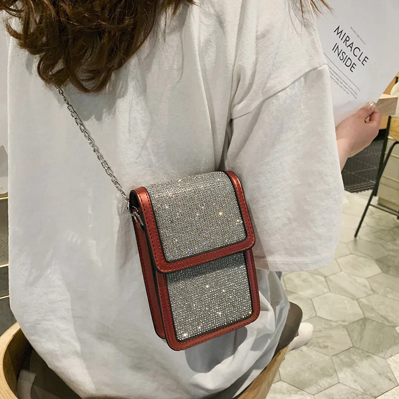 

2019 new rhinestone sparkling mobile phone bag patent leather edge shoulder diagonal women's bag