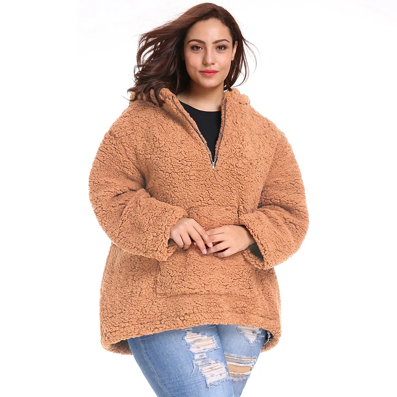 Большие размеры 6XL, женские шубы из искусственного меха, Осень-зима, плисовые толстовки с карманами и v-образным вырезом, куртка на молнии, пуловер, флисовый мягкий толстый Топ