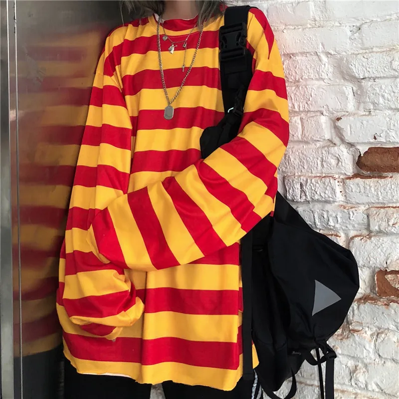 

Focal20 Streetwear Hit Color Stripe Women Sweatshirt Crew Neck Loose Women Tracksuit Autumn Long Sleeve Lady Tracksuit