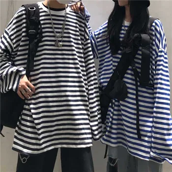

NiceMix Harajuku Hip Hop Women Black White Striped T-Shirts Long Sleeve O-Neck Basic Tee Tops Female Loose Casual T-Shirts Pullo