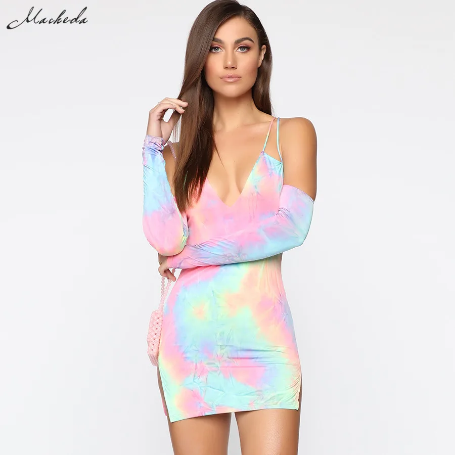 

Macheda Sexy Off Shoulder Cross Strap Dress Multicolor Sheath Long Sleeve Wear Mini Dresses Bottom Split Lady Slim Clothing 2019