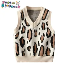 Осенние жилеты с леопардовым принтом для маленьких мальчиков и девочек свитер с v-образным вырезом топы без рукавов, детская одежда вязаный жилет для маленьких девочек