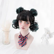 Косплей микс Косплей Аниме Лолита парик черный серый смешанный зеленый Омбре булочки короткие кудрявые челки Хэллоуин милые вечерние синтетические волосы+ Кепка