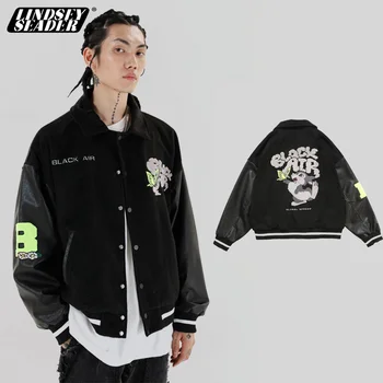 

Men Embroidered Baseball Jacket Contrasted Trim Silky Bomber Jacket Embroidery Rabbit Slant Pocket Snap Closure Autumn Coat Man
