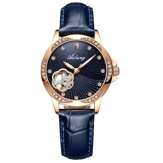 AILANG brand watch ladies Luxury automatic mechanical watch hollow diamond 2021 new star brand waterproof leather female watch 6