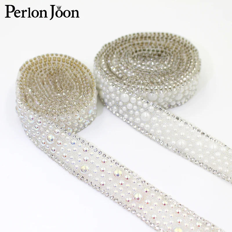1yards Neue weiße AB farbe perle dekoration strass trim hot fix band braut hochzeit schuhe dekoration zubehör TR113 – Detail 10