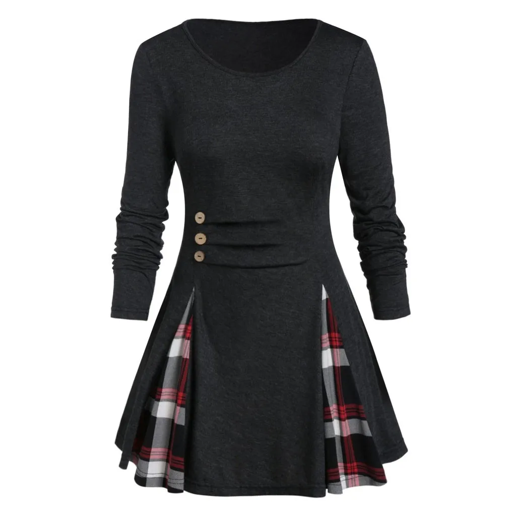 Vestidos ropa mujer зимнее платье размера плюс, женские топы размера плюс, туника, футболка на пуговицах, клетчатая футболка с длинным рукавом, женская одежда