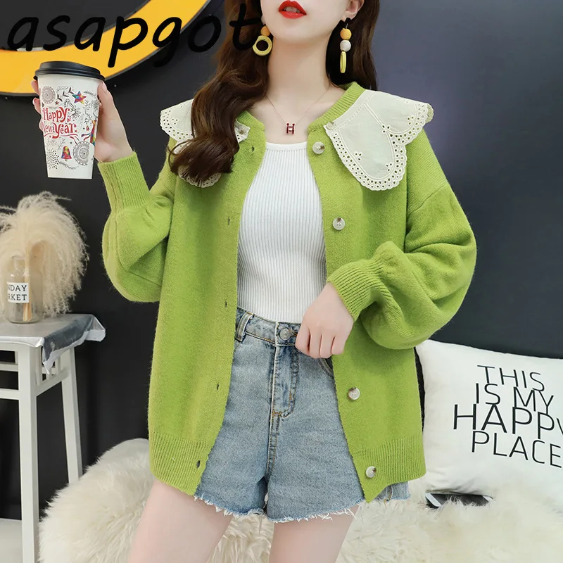 Asapgot Avocado Green Lazy Lapel Lantern Sleeve Sweater Cardigan Fall Winter Small Fresh Sweet Loose Coat Preppy New |