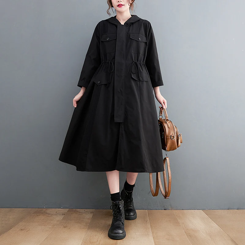 2021 Autumn Winter Cotton Vintage Oversized Long Trench Coat For Women Clothes Hooded Drawstring Fashion Casual Loose Outerwear puffy coats