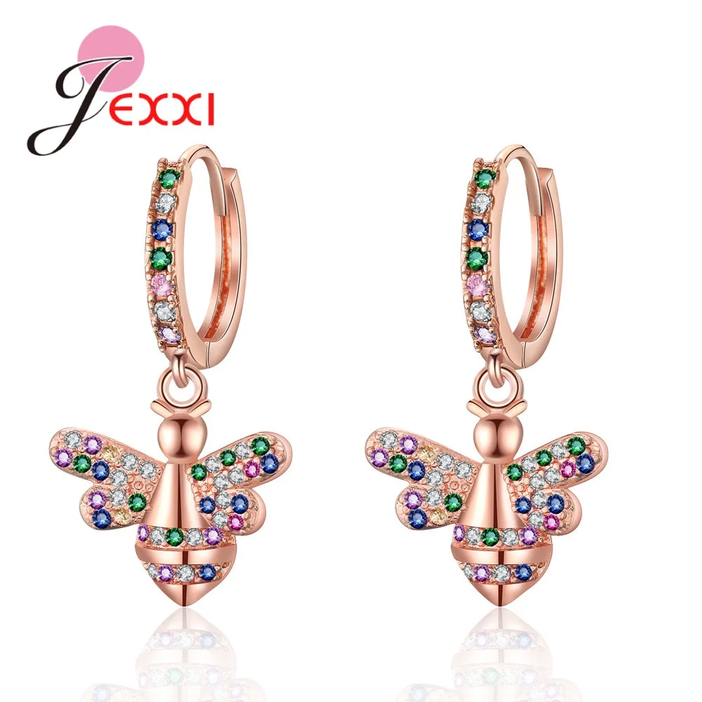 

Cute Bee Pendant Drop Earrings for Women Girl Cubic Zirconia Crystal Huging Loop Eardrop Rose Gold Silver Fashion Jewelry