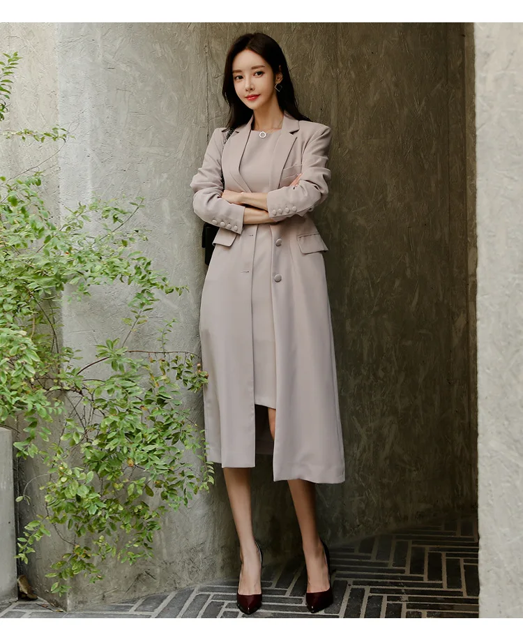Осень весна новые корейские женские платья костюм до колена длинный плащ и платье Женский комплект из двух частей блейзер