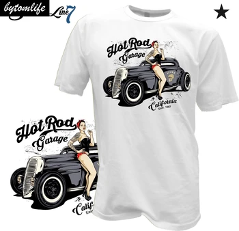 

Hot Sale Men T Shirt Fashion T-Shirt Pin Up Girl Hot Rod Rockabilly Tattoo Musik Garage Oldschool V8 USA V6 Summer O-Neck Tops