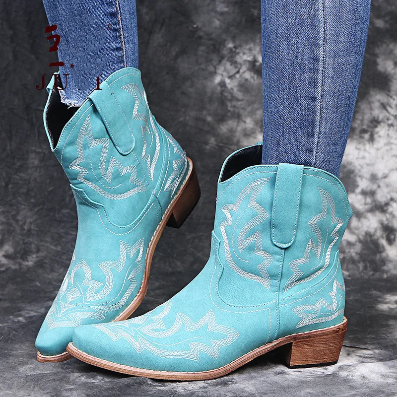 2022 Classic Embroidered Western Cowboy Boots for Women Leather Cowgirl Boots Low Heels Shoes Knee High Woman Boots