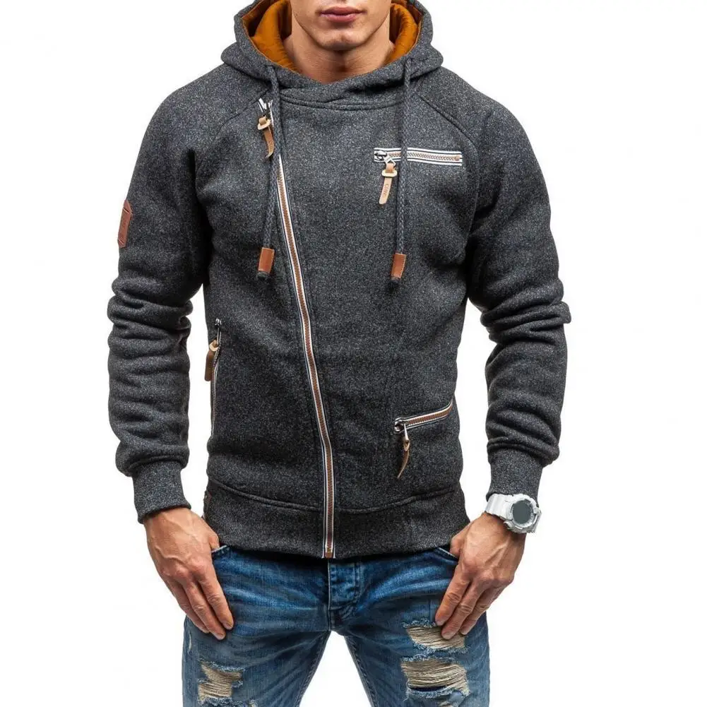 Men Coat Solid Color Multi Pockets Individual Oblique Zipper Thick Winter Hoodie for Daily Wear | Мужская одежда