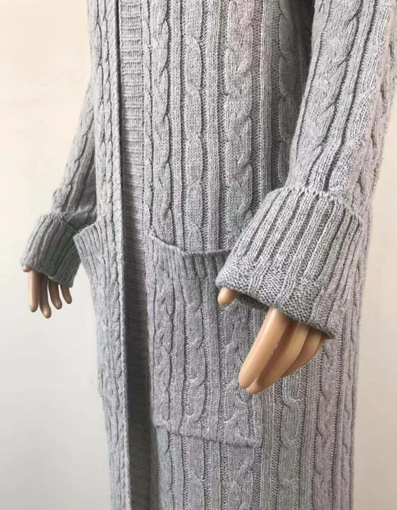 Повседневный вязаный кардиган пальто женский большой свитер с карманами осень зима длинная теплая верхняя одежда толстые вязаные свитера
