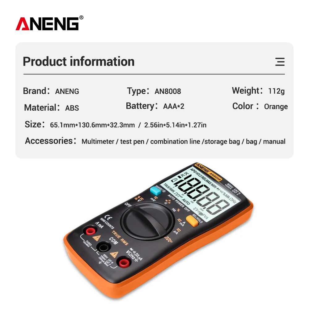 ANENG AN8008 Цифровой мультиметр 9999 отсчетов транзистор истинный среднеквадратичный