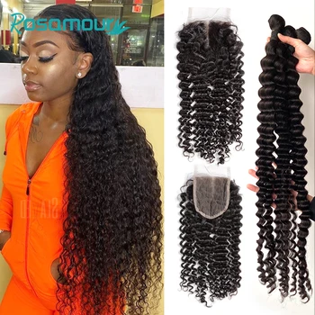 

Rosamour Curly Brazilian Hair Weave Bundles With Closure 30inch Deep Wave Human Hair Bundles With Frontal Closure Virgin Hair