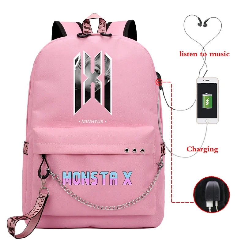 Mochila MONSTA X Рюкзак KPOP Bookbag школьные сумки для девочек-подростков женский рюкзак Usb зарядка Рюкзак для ноутбука рюкзак для путешествий - Цвет: 810-JX-MONSTA 1