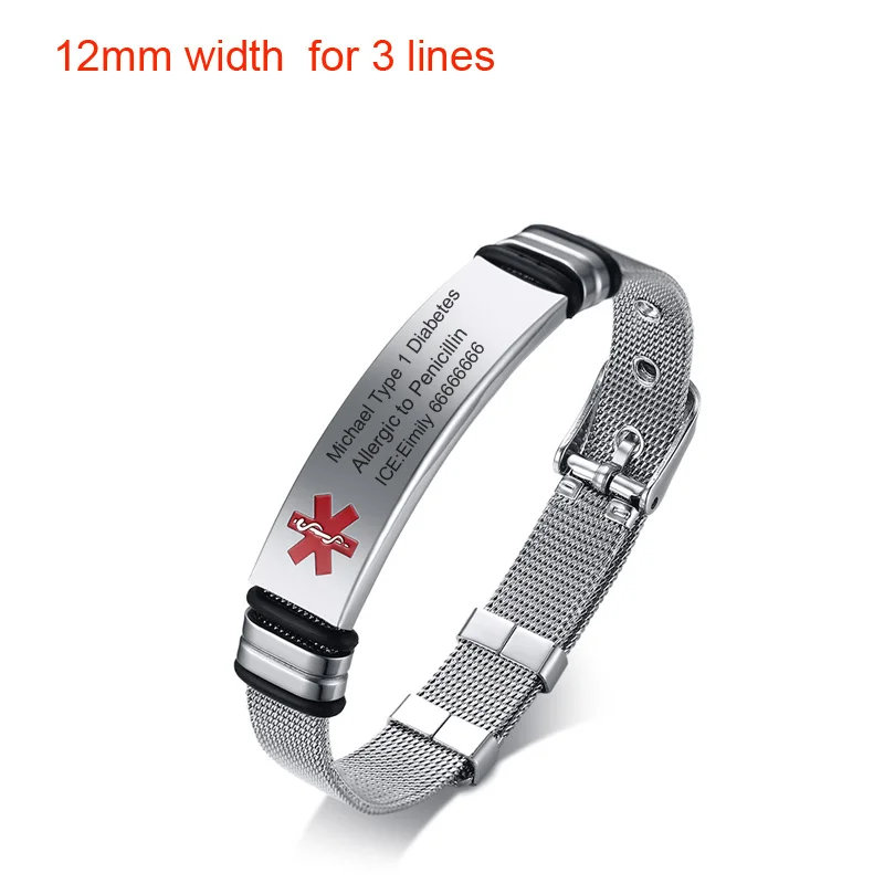 Bracciale Allarme Medico In Acciaio Inox Argento Per Diabete Tipo 2 - Regolabile Uomo/Donna