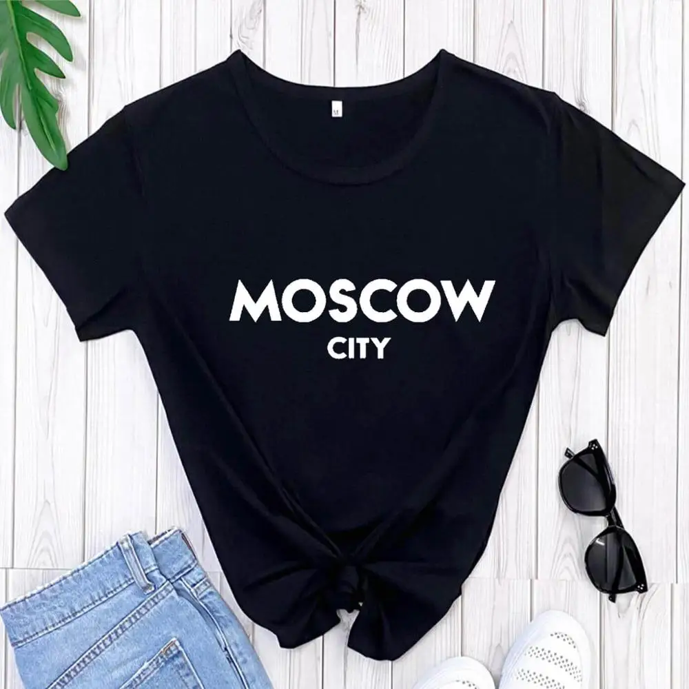 Футболка женская из 100% хлопка с надписью MOSCOW CITY и коротким рукавом |