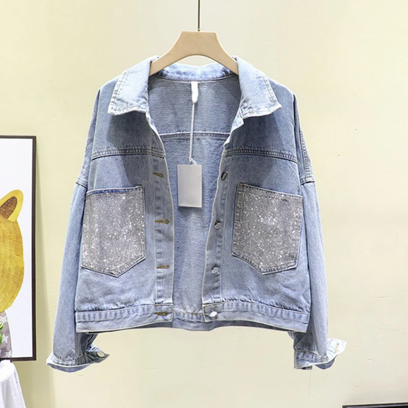 

2020 Autumn Korean Loose Diamond Double pocket Casual Oversized Short Denim jacket Chaqueta mujer Fashion Woman Blue Jean jacket