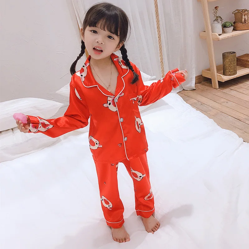 Girls Pajamas Autumn Winter Long Sleeve Children's Sleepwear Set Silk Pajamas Suit Boys Pyjamas Sets for Kids Tracksuit - Color: Red