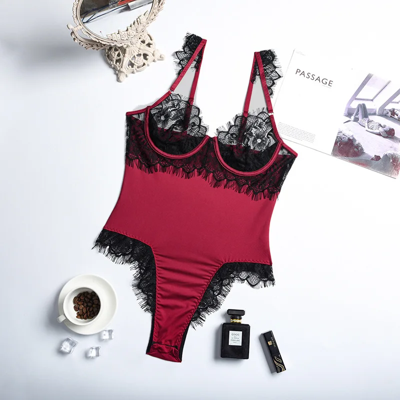 

Women's Floral Lace Bodysuit Women's Sexy V-neck Sleeveless Workwear Eyelash Lace Push-up Top Sexy Tight Teddy Bodysuit