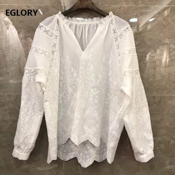 

100%Cotton Blouse Shirt 2020 Spring Style Women V-Neck Allover Exquisite Embroidery Lace Patchwork Long Sleeve Casual Loose Top