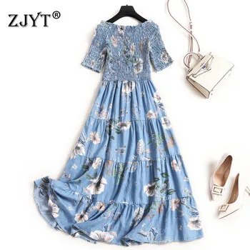 

Runway Designer Fashion Summer Dresses for Women 2020 New Clothes Elegant Slash Neck Floral Print Mid Calf Sexy Casual Dress