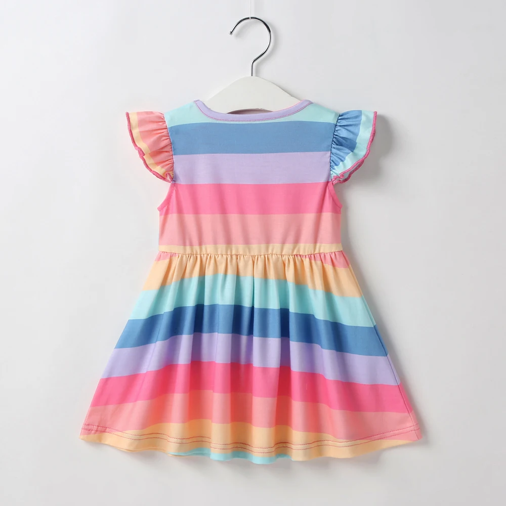 Toddler Baby Girl Rainbow Stripes Dress 0-3Y Ruffles Sleeve Cute A-Line Mini Dress Party Clothes