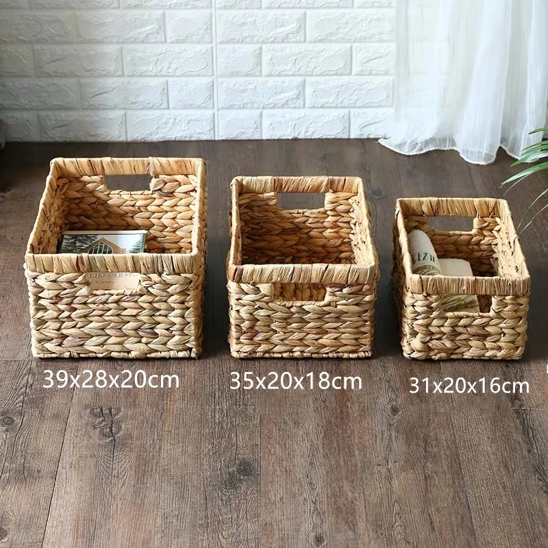 Storage Baskets Containers Natural water hyacinth Rectangular Storage Bins Organizer Box Metal frame woven straw baskets panier