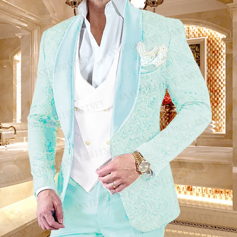 New Luxury Men Wedding Suits Pink 3 Pieces Groom Suit Dress Tuxedo Slim fit Jacquard Blazer Double Breasted Vest Pant Set