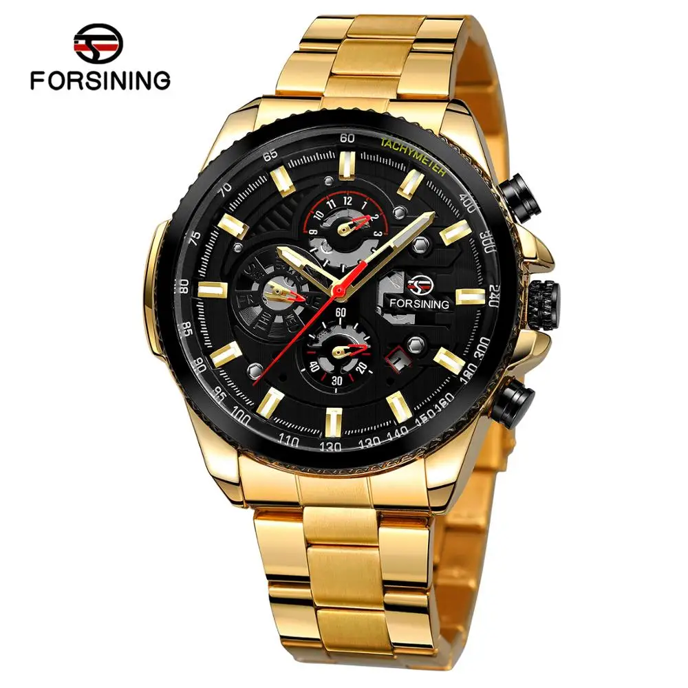 

Forsining Brand Three Dial Calendar Display Gold Stainless Steel Mens Watches Automatic Military Mechanical Waterproof Watch
