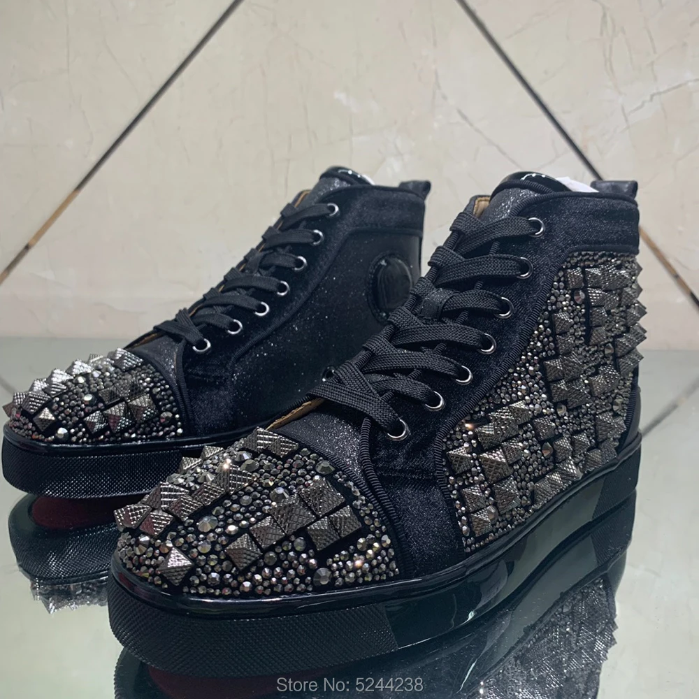 High Top Handmade Black Leather Rhinestone Messy screw thread Rivets Prom Men Loafers Red bottom leather casual loafers shoes