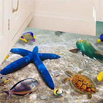 

New 2020 Beach Sea 3D Wall Stickers 60x90cm Waterproof PVC Fashion Fishes Starfish Pattern Floor Stickers Wall Decals Kids Room