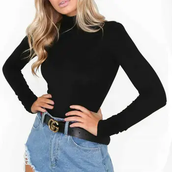 

Women Sexy Bodysuit Stretch High Collar Solid Color Fitness Leotard Body Top Long Sleeve Bodysuits New shirt Jumpsuit