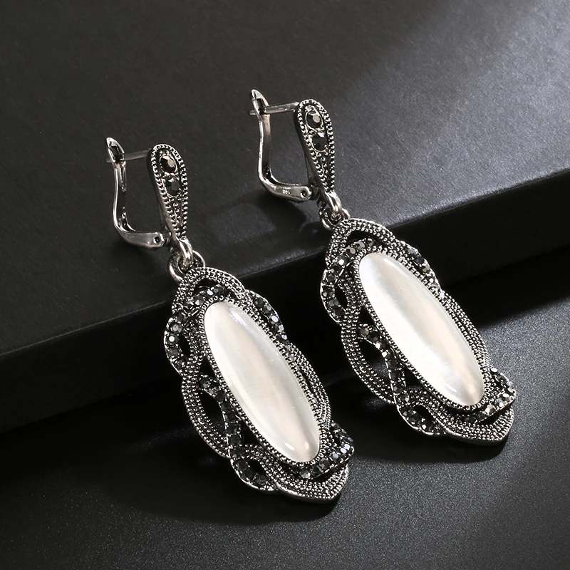 Wbmqda Bohemian Big Opal Stone Earrings Necklace Boho Jewelry Sets Vintage Tibetan Silver Black Crystal Earrings for Women jewelry sets jewelry set women earrings chain necklace