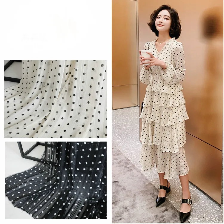 Одежда в горошек черного цвета белый шифон, ткань для свадебного платья, горный хрусталь; сезон весна-лето Одежда из ткани