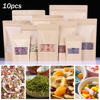 

10pcs Kraft Paper Bag Reusable Food Storage Zip Bag Kitchen Plastic Bags Food Tea Cookie Snack Self Sealing Zipper Stand Up Bags