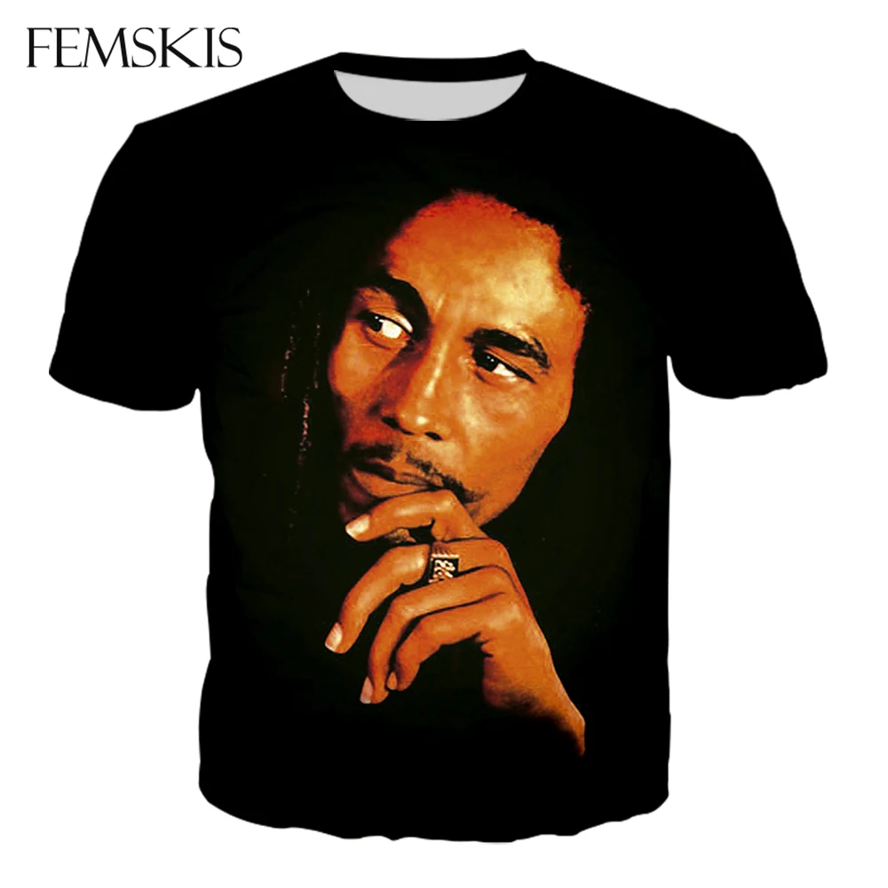 

FEMSKIS Bob Marley Reggae Legend 3D Print Men Women T-shirt Rock Style Black Classic Casual Short Sleeves Funny Tees Top