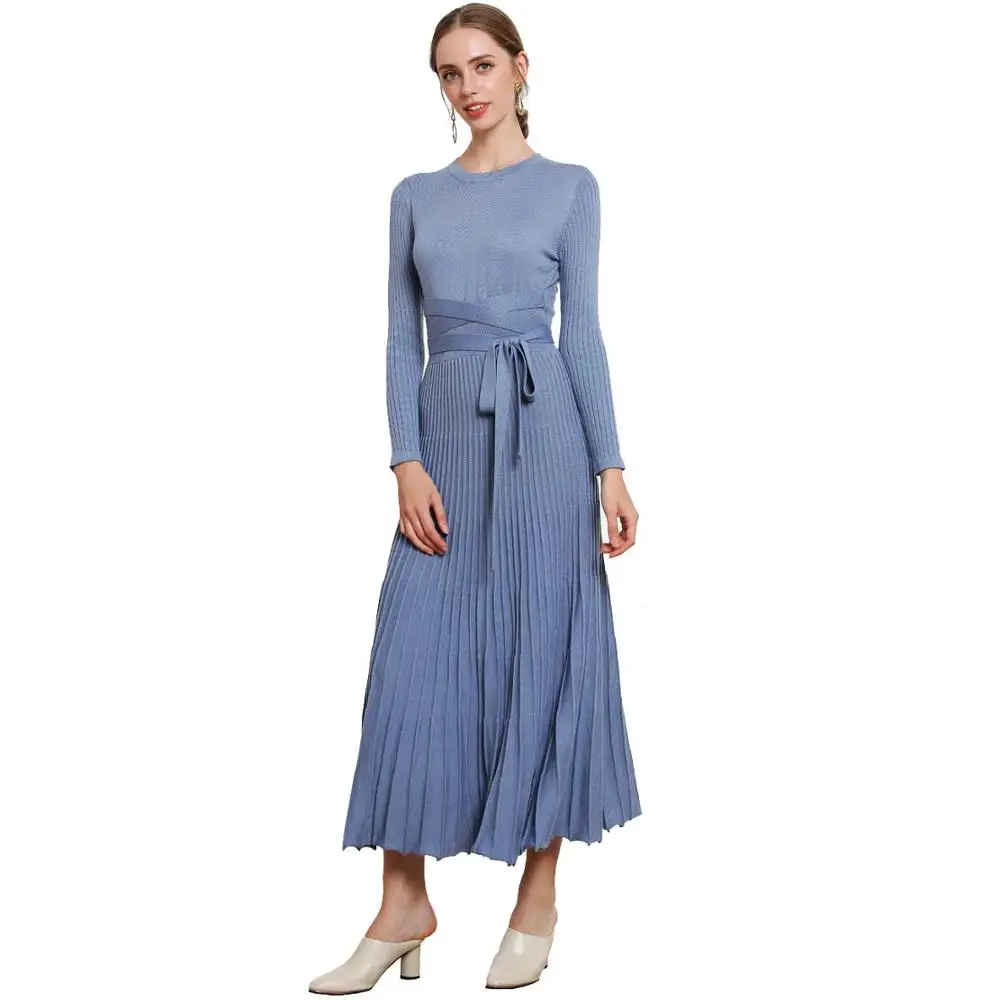

Winter Spring Dress Women 2018 Cashmere Blending Knitted Fitted Waist with Belt Pleated Midi Long Style Vestidos de Festa
