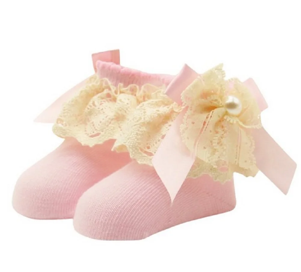 Милые хлопковые носки принцессы для маленьких девочек; кружевные оборки с большим бантом и оборками - Цвет: Розовый