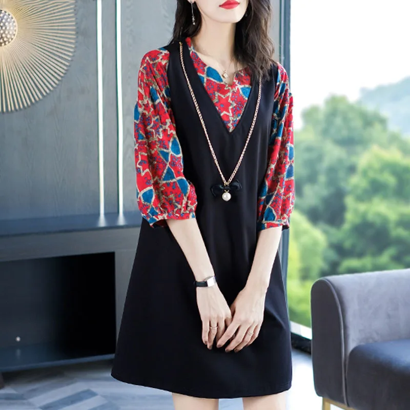 

2019 Spring And Autumn New Style Large Size Dress Fat Mm Floral Western Style Mock Two-Piece Loose-Fit Dress Women's Mid-length