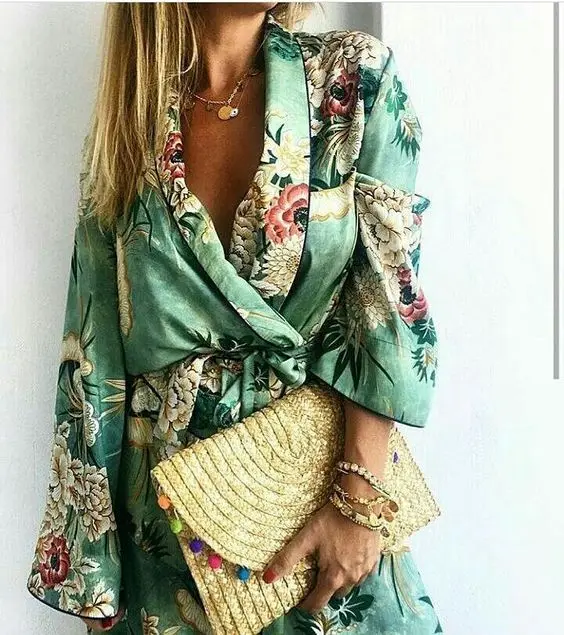 Floral Kimono Green Kimono Wrap Top TEELYNN Green Floral Print