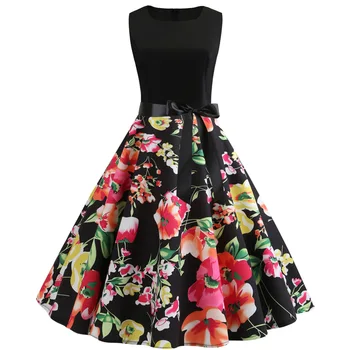 

Photo Shoot Currently Available Hot Selling Eaby Amazon Sleeveless Vintage Printed Big Hemline Dress with Belt 5286