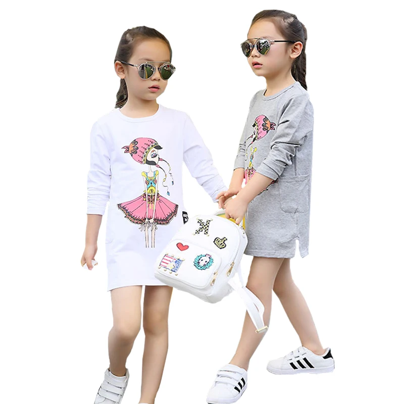 

Girls Clothes Cartoon Print Round Neck Long-sleeved Dress Children's Wear 3-10 Y Child Quality Clothing Pure Cotton 2019 Hot Sal
